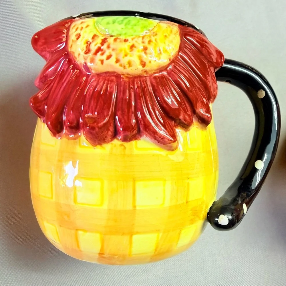 Pier 1 Sunflower Mug Set 4 3D Floral Ceramic Coffee Cup Cottagecore Farmhouse